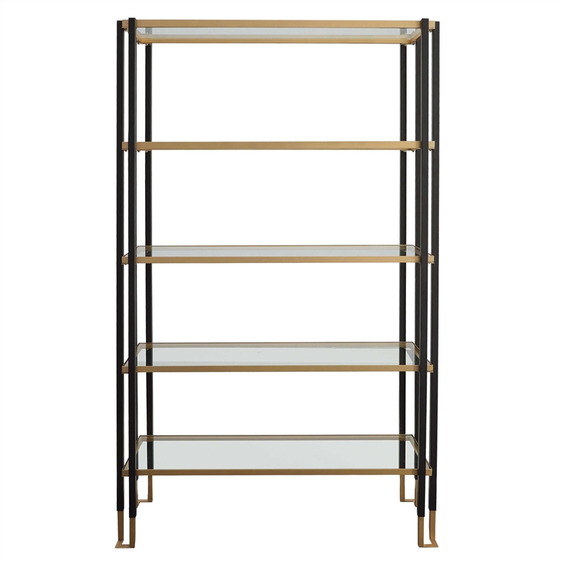 Uttermost Kentmore Contemporary Metal and Tempered Glass Etagere in Black/Gold
