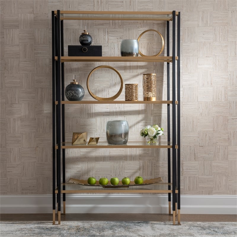 Uttermost Kentmore Contemporary Metal and Tempered Glass Etagere in Black/Gold