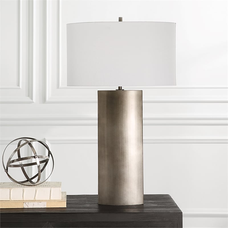 Uttermost V-Groove 1-Light Contemporary Metal & Fabric Table Lamp in Gray/White