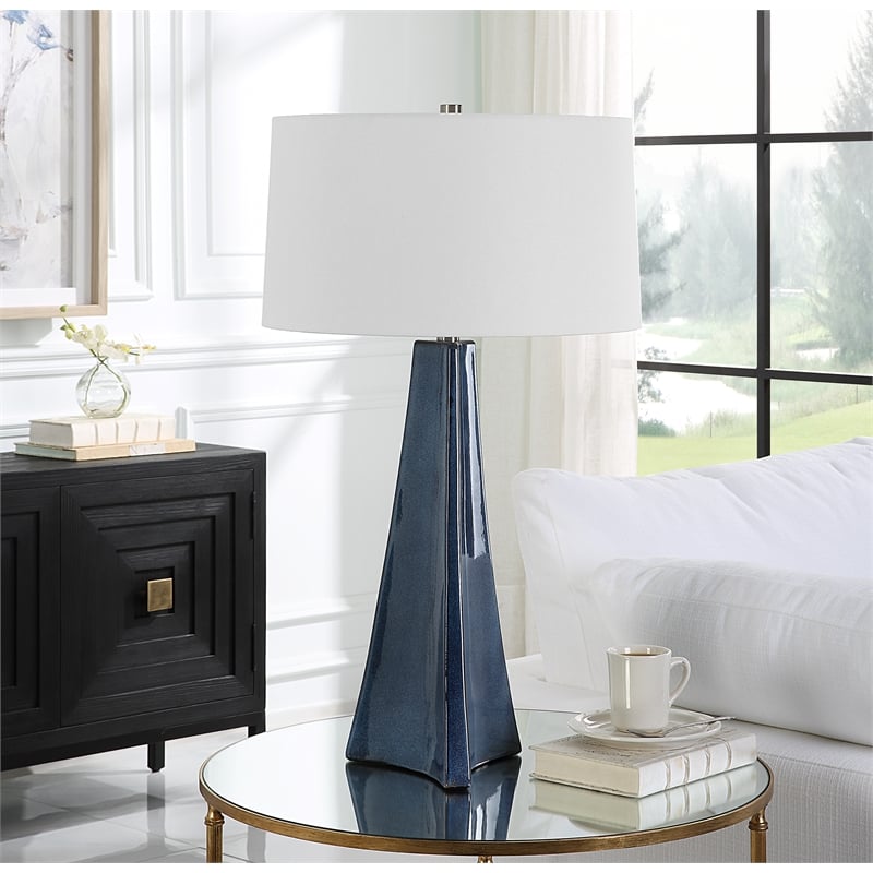 uttermost teramo 1-light ceramic & fabric table lamp in white/distressed blue