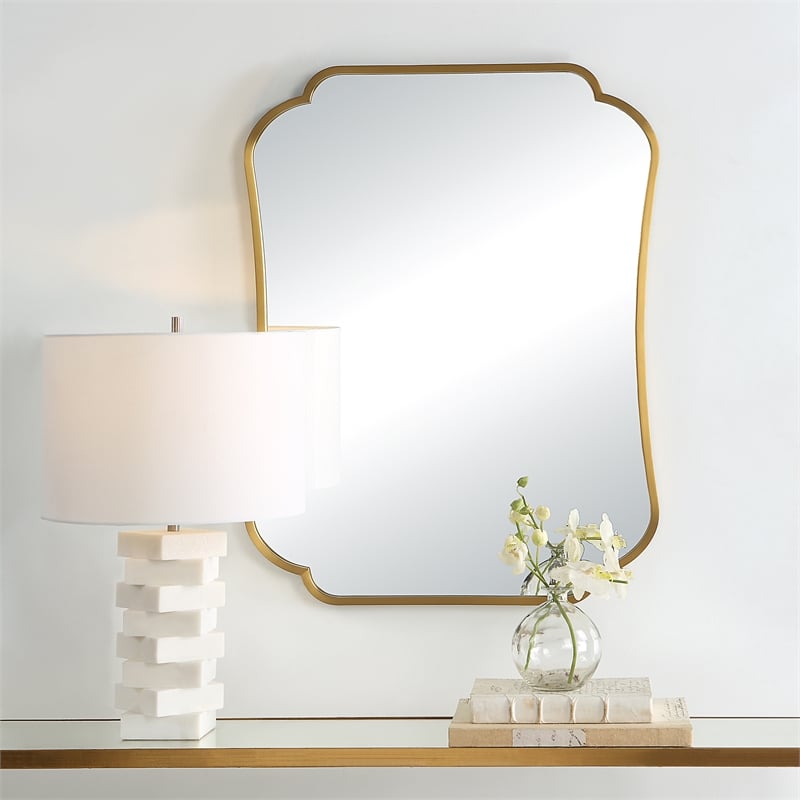 Uttermost Athena Curved Traditional Stainless Steel Mirror in Brushed Brass
