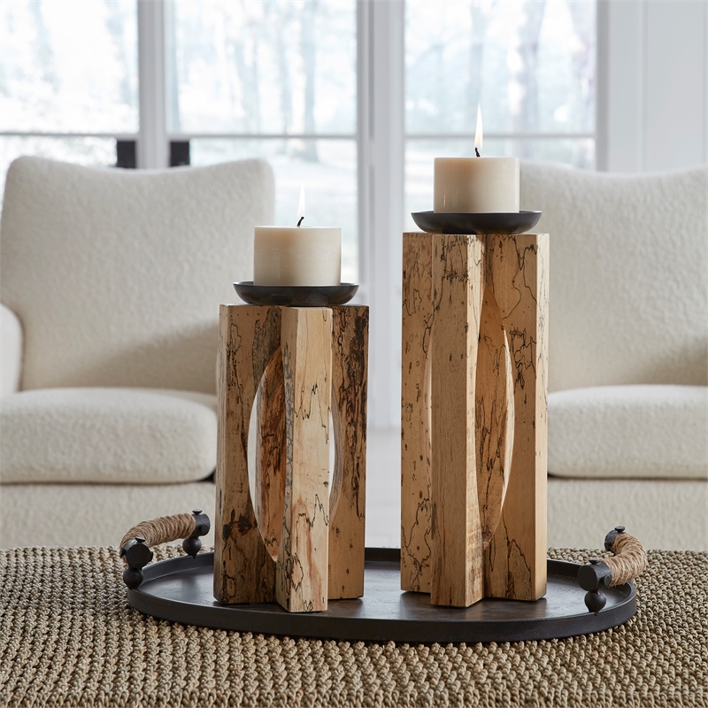 Uttermost Ilva Transitional Wood Sculptural Candleholders in Natural (Set of 2)