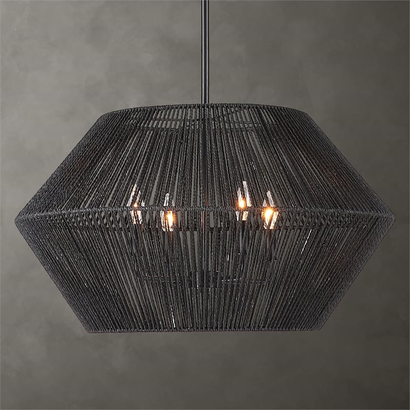 Uttermost Suva 4-Light Transitional Steel & Rattan Pendant in Matte Black