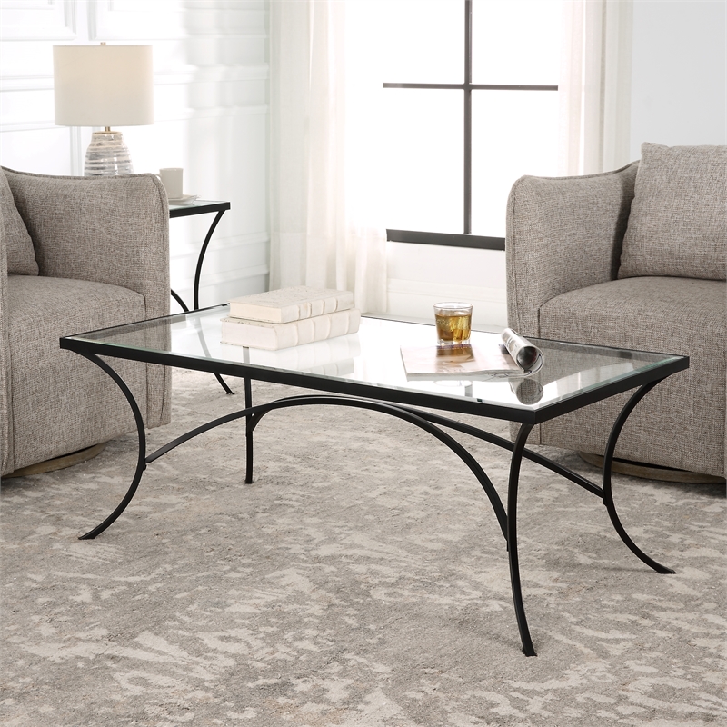 Uttermost Alayna Beveled Transitional Glass & Metal Coffee Table in Satin Black