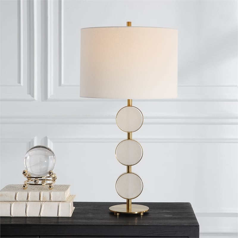 Uttermost Three Rings 1-Light Metal & Fabric Table Lamp in Brushed Brass/White