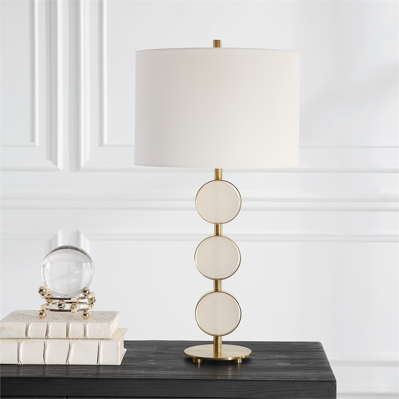 Uttermost Three Rings 1-Light Metal & Fabric Table Lamp in Brushed Brass/White