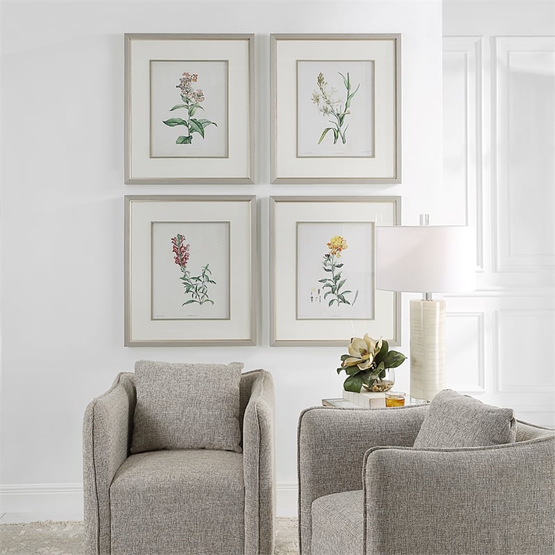 Uttermost Heirloom Blooms Wood & Fabric Framed Prints in Gray/Ivory (Set of 4)