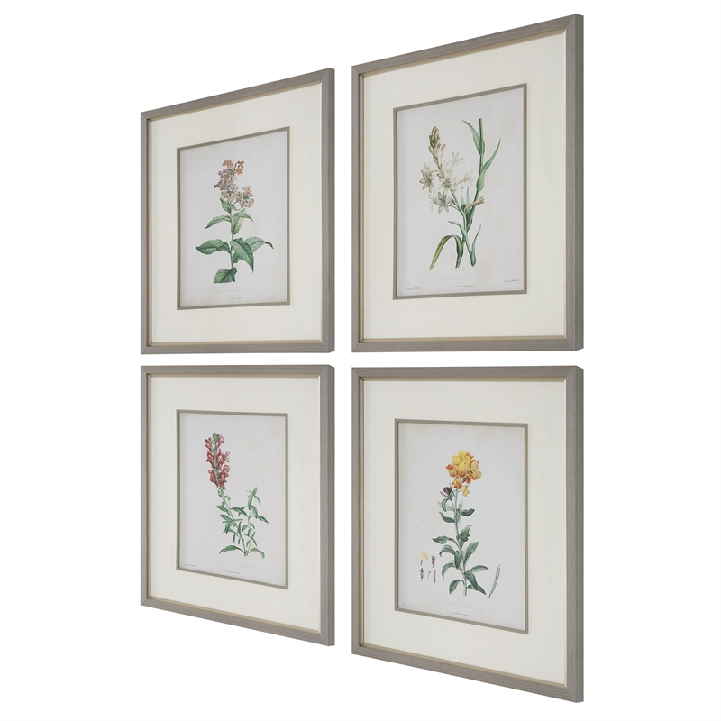Uttermost Heirloom Blooms Wood & Fabric Framed Prints in Gray/Ivory (Set of 4)
