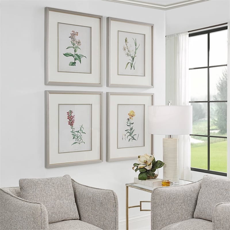 Uttermost Heirloom Blooms Wood & Fabric Framed Prints in Gray/Ivory (Set of 4)