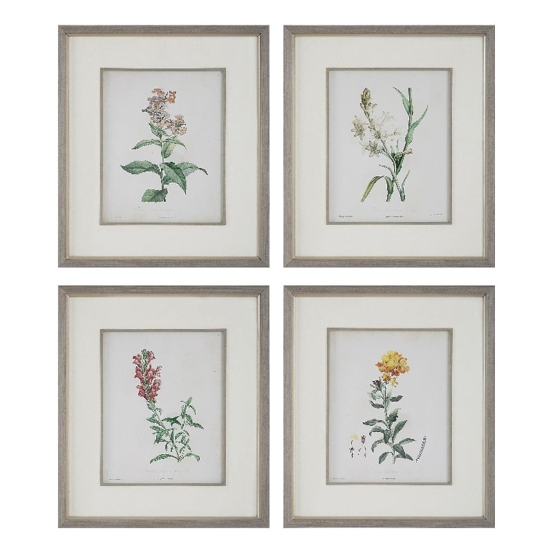 Uttermost Heirloom Blooms Wood & Fabric Framed Prints in Gray/Ivory (Set of 4)
