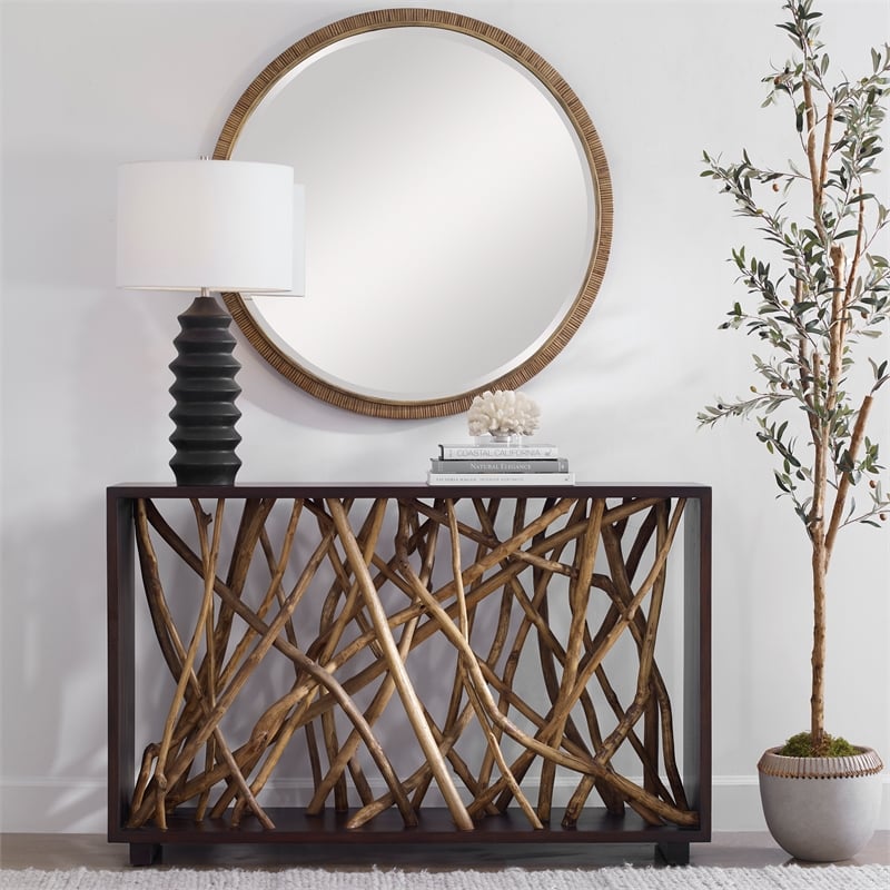 Uttermost Teak Maze Transitional Wood Console Table in Natural/Walnut