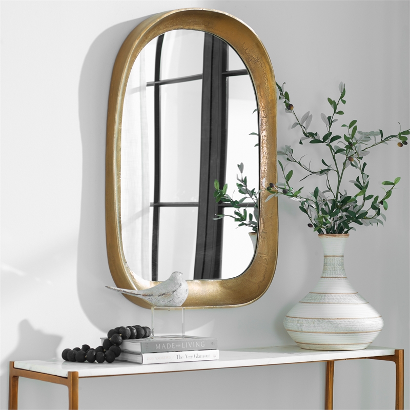 Uttermost Bradano Contemporary Cast Aluminum/Glass Arch Mirror in Antique Brass