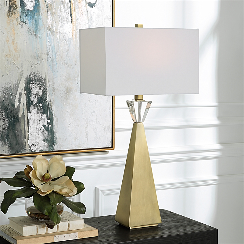 Uttermost Arete Contemporary Iron Metal and Fabric Table Lamp in Brass/White