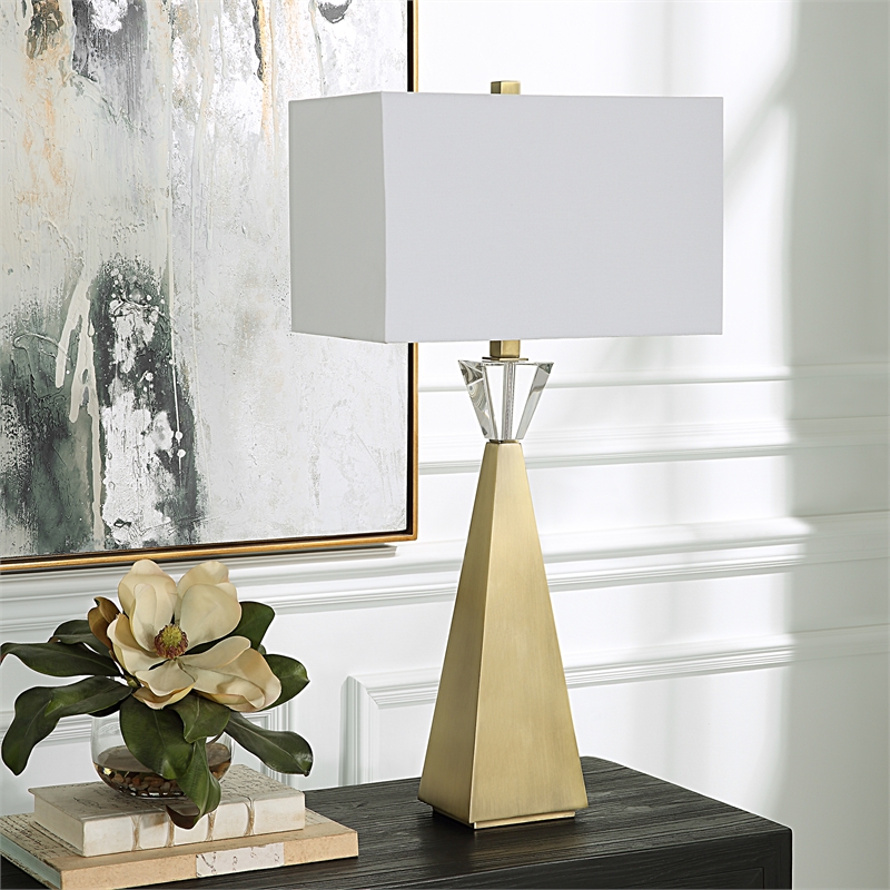 Uttermost Arete Contemporary Iron Metal and Fabric Table Lamp in Brass/White