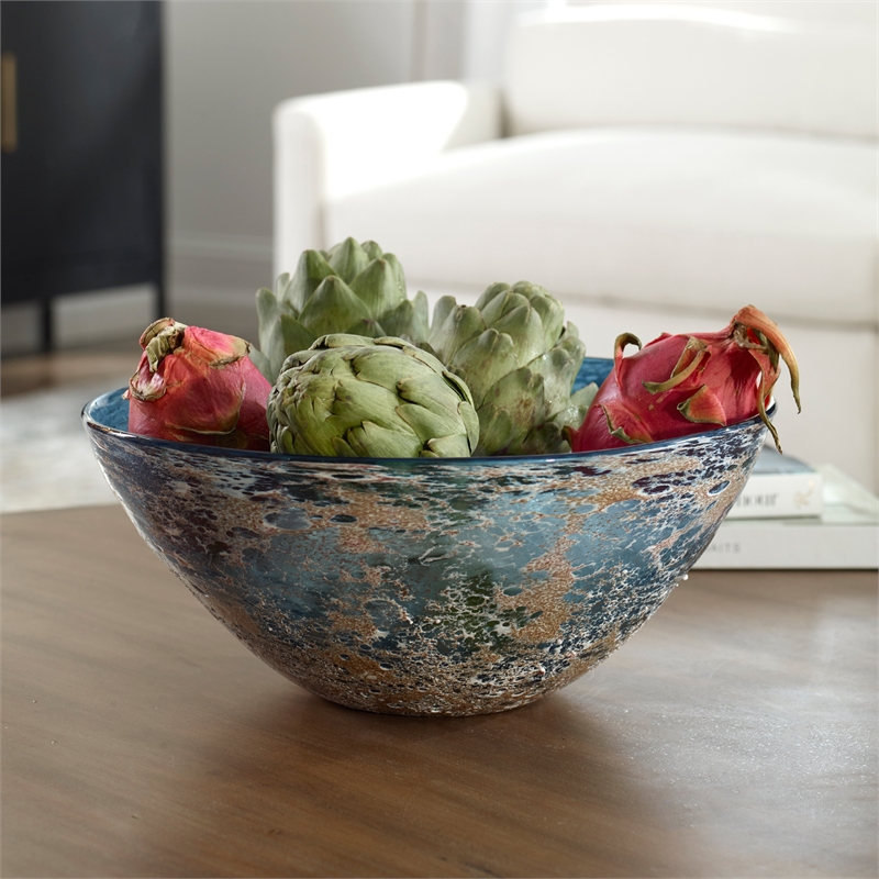 Uttermost Genovesa Coastal Blown Glass Decorative Bowl in Aqua Blue/Gold