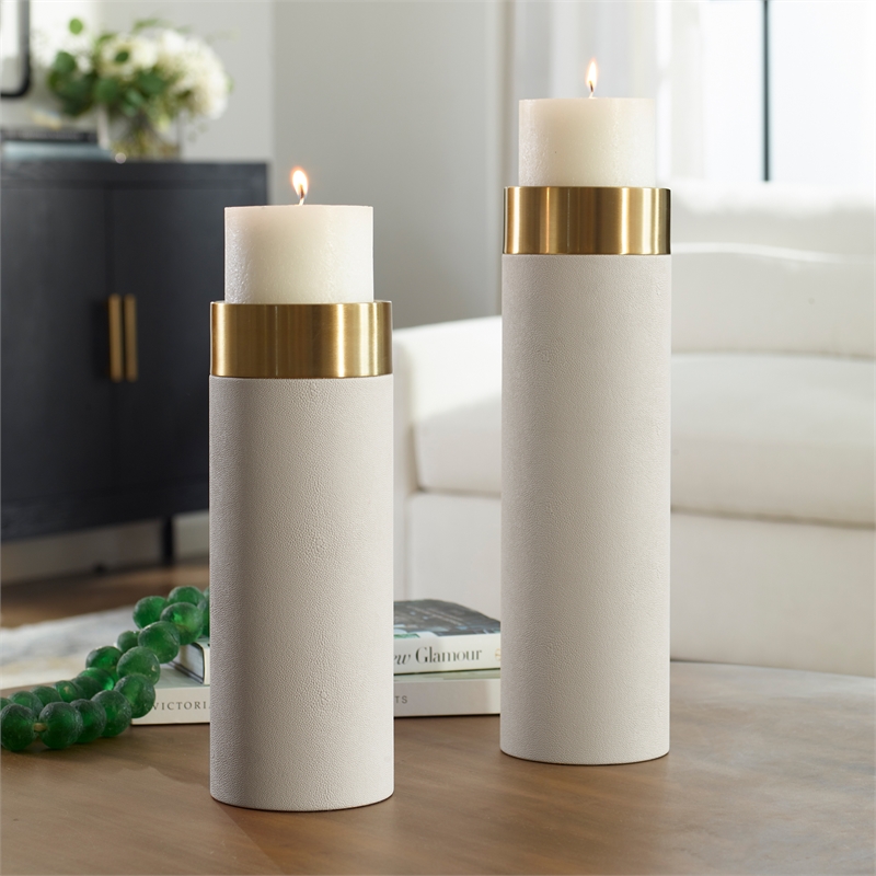 Uttermost Wessex Faux Leather/Metal Candleholder in White/Brass (Set of 2)