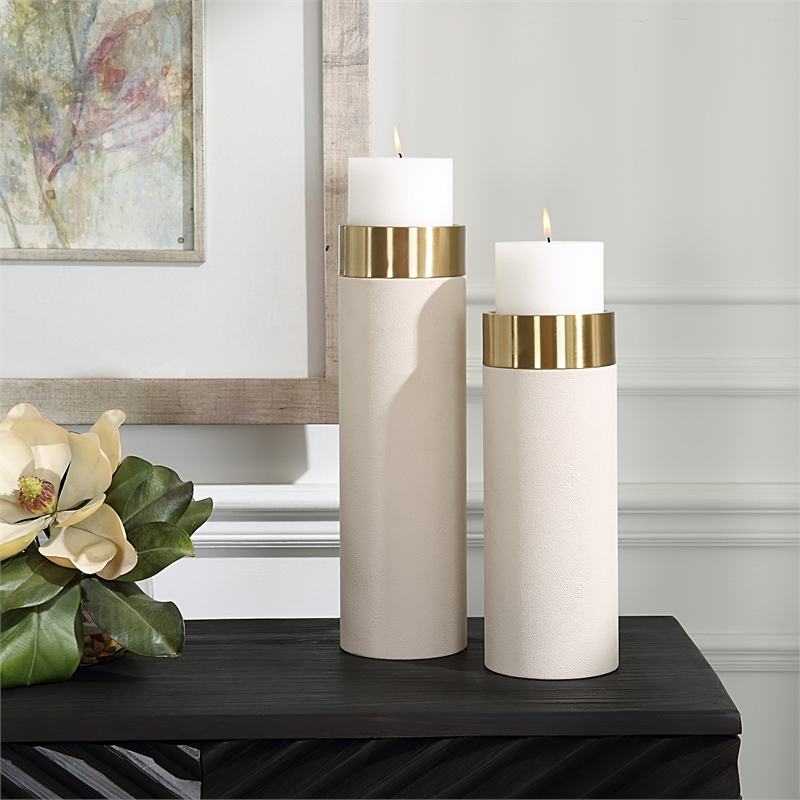 Uttermost Wessex Faux Leather/Metal Candleholder in White/Brass (Set of 2)
