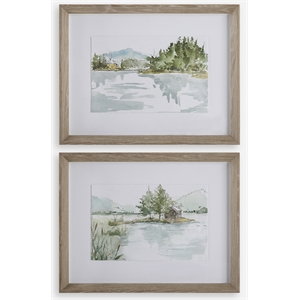 Uttermost Serene Traditional Wood Lake Framed Print in Gray (Set of 2)