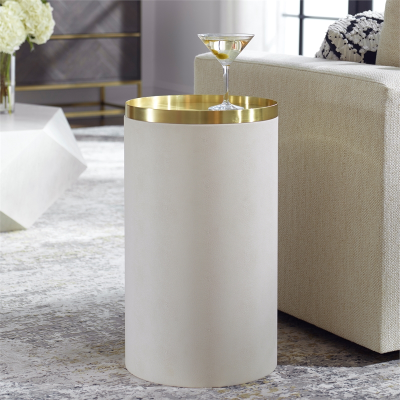 Uttermost Circuit Contemporary Faux Leather/Metal Accent Table in White/Brass