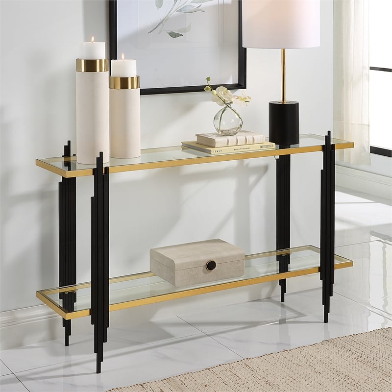 Uttermost Empire Contemporary Iron Metal/Glass Console Table in Gold/Clear