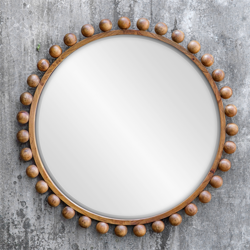 Uttermost Cyra Contemporary Glass & Mahogany Wood Beaded Round Mirror in Walnut
