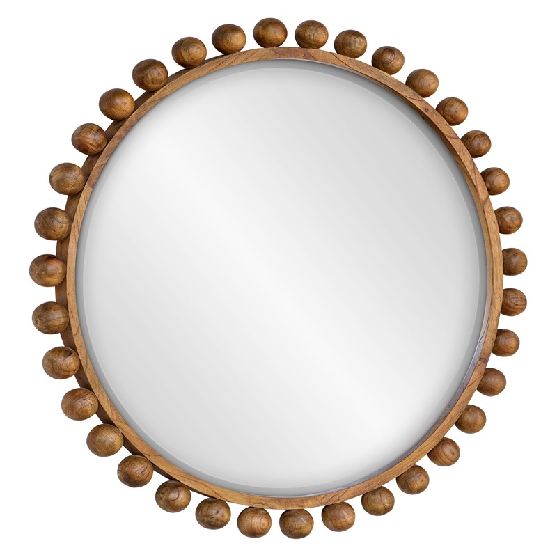 Uttermost Cyra Contemporary Glass & Mahogany Wood Beaded Round Mirror in Walnut