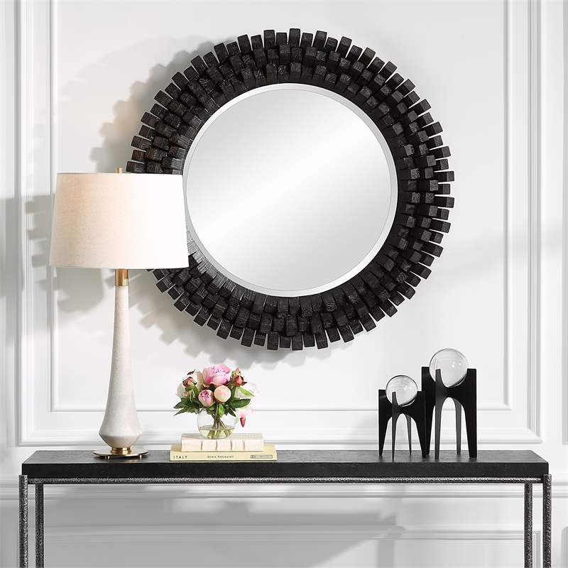 Uttermost Circle Of Piers Contemporary Wood Round Mirror in Ebony/Gray