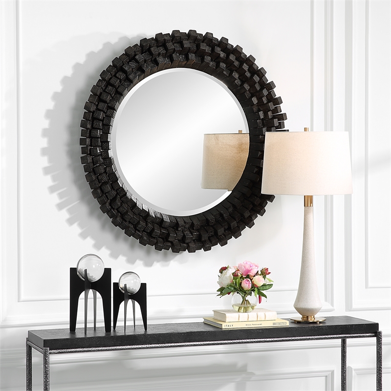 Uttermost Circle Of Piers Contemporary Wood Round Mirror in Ebony/Gray