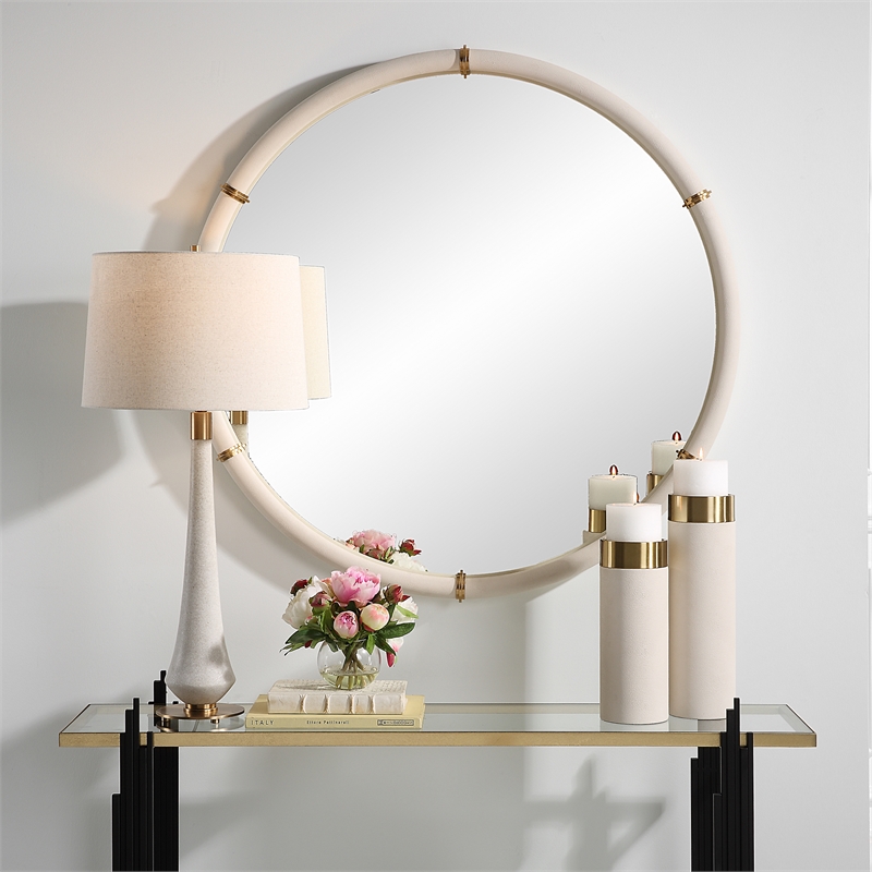 Uttermost Cyprus Coastal Glass & Faux Leather Round Mirror in White/Brass
