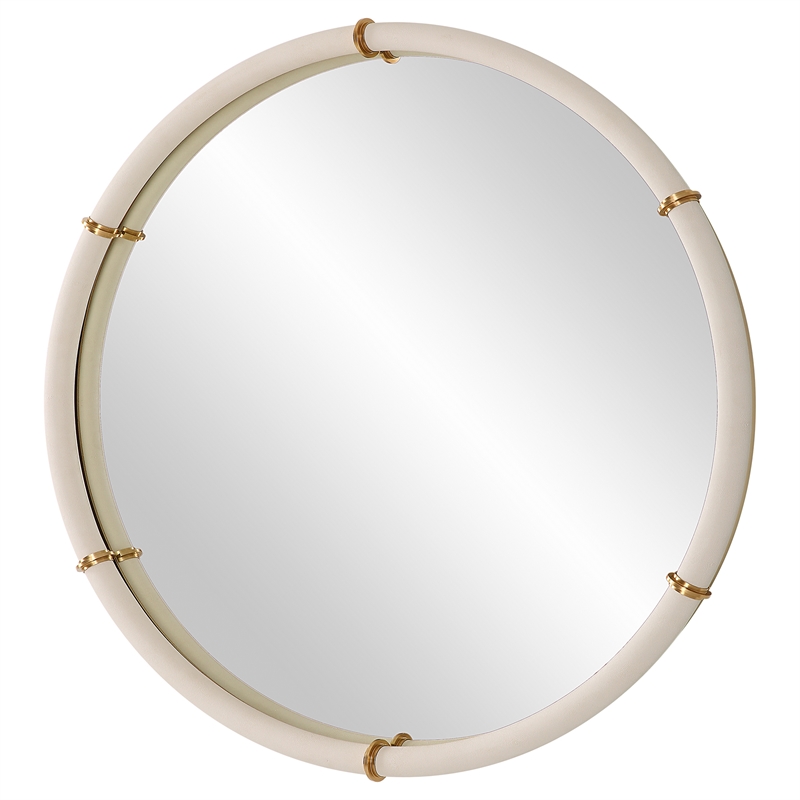 Uttermost Cyprus Coastal Glass & Faux Leather Round Mirror in White/Brass