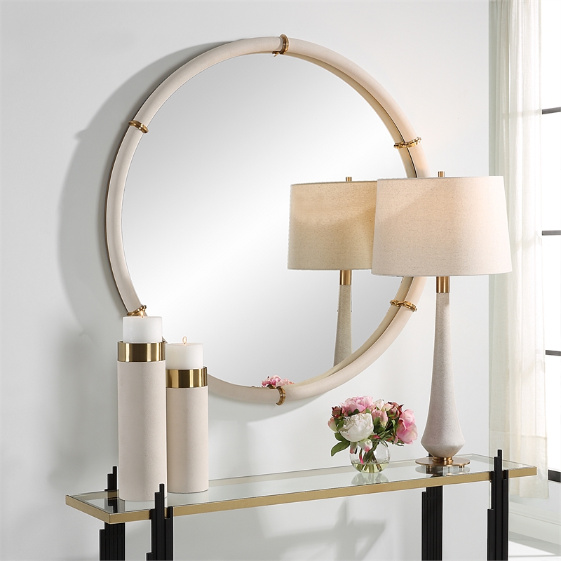 Uttermost Cyprus Coastal Glass & Faux Leather Round Mirror in White/Brass