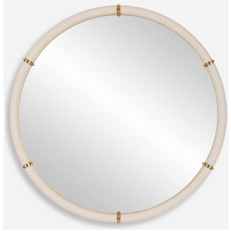 Uttermost Cyprus Coastal Glass & Faux Leather Round Mirror in White/Brass