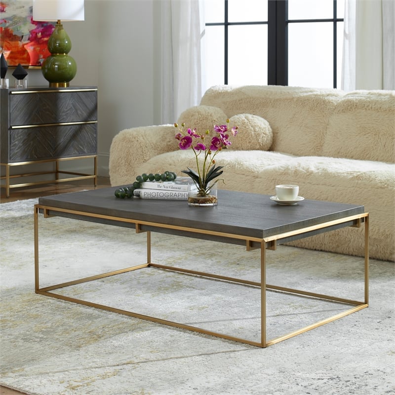 Uttermost Surround Contemporary Stainless Steel/MDF Coffee Table in Gold/Walnut