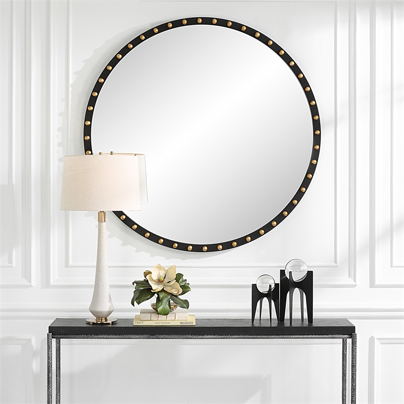 Uttermost Sele MDF and Beech Wood Round Dressing Mirror in Matte Black/Gold