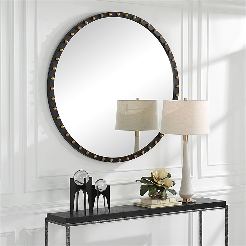 Uttermost Sele MDF and Beech Wood Round Dressing Mirror in Matte Black/Gold