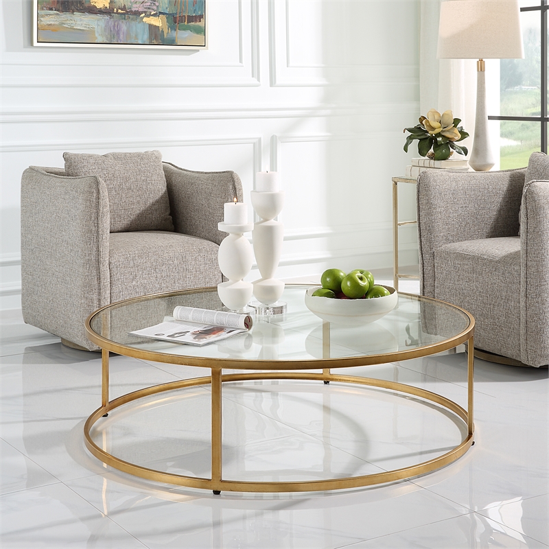Uttermost Radius Contemporary Metal/Glass Coffee Table in Gold/Clear