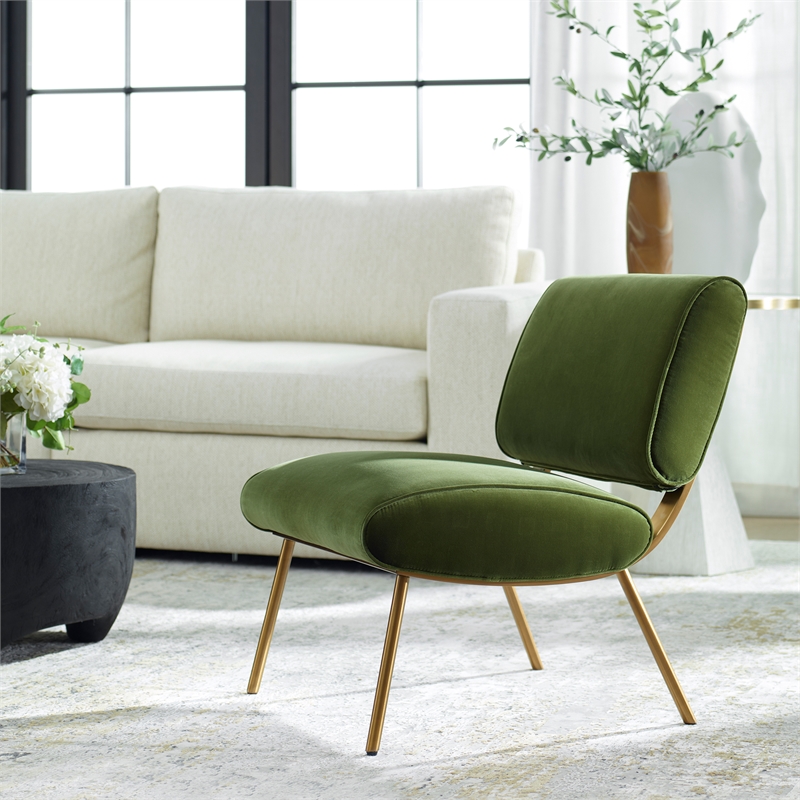 Uttermost Knoll Mid-Century Velvet & Steel Accent Chair in Olive Green/Brass