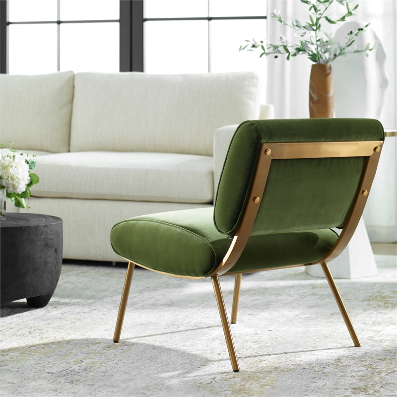 Uttermost Knoll Mid-Century Velvet & Steel Accent Chair in Olive Green/Brass
