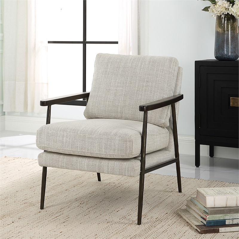 Uttermost Sebastian Contemporary Fabric & Wood Accent Chair in Ivory/Walnut