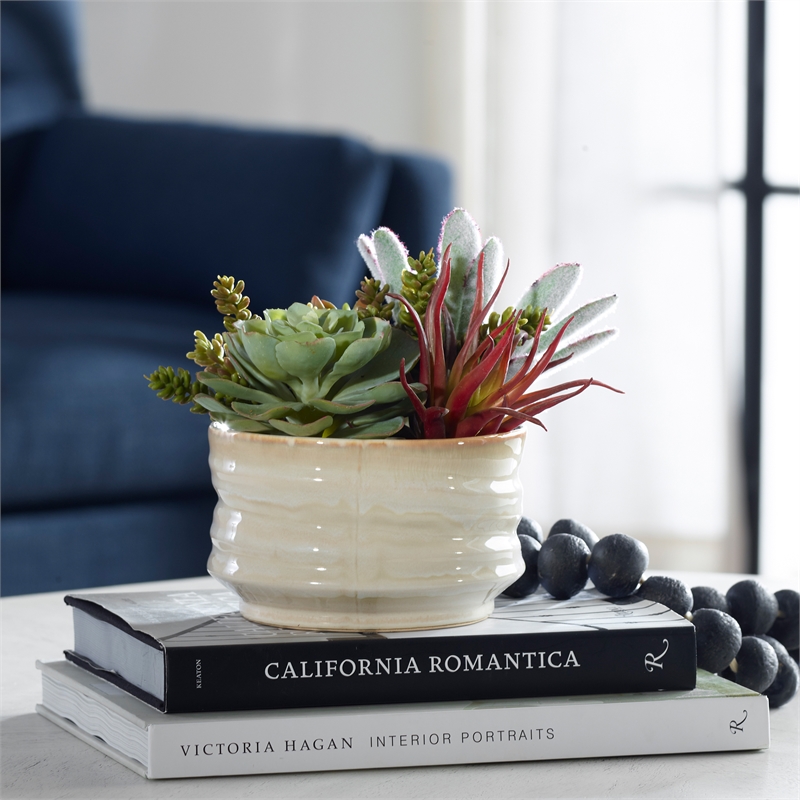 Uttermost Mesa Succulent Contemporary Ceramic Flower Pot in Tan/Green