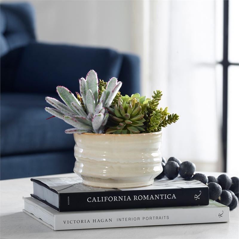Uttermost Mesa Succulent Contemporary Ceramic Flower Pot in Tan/Green