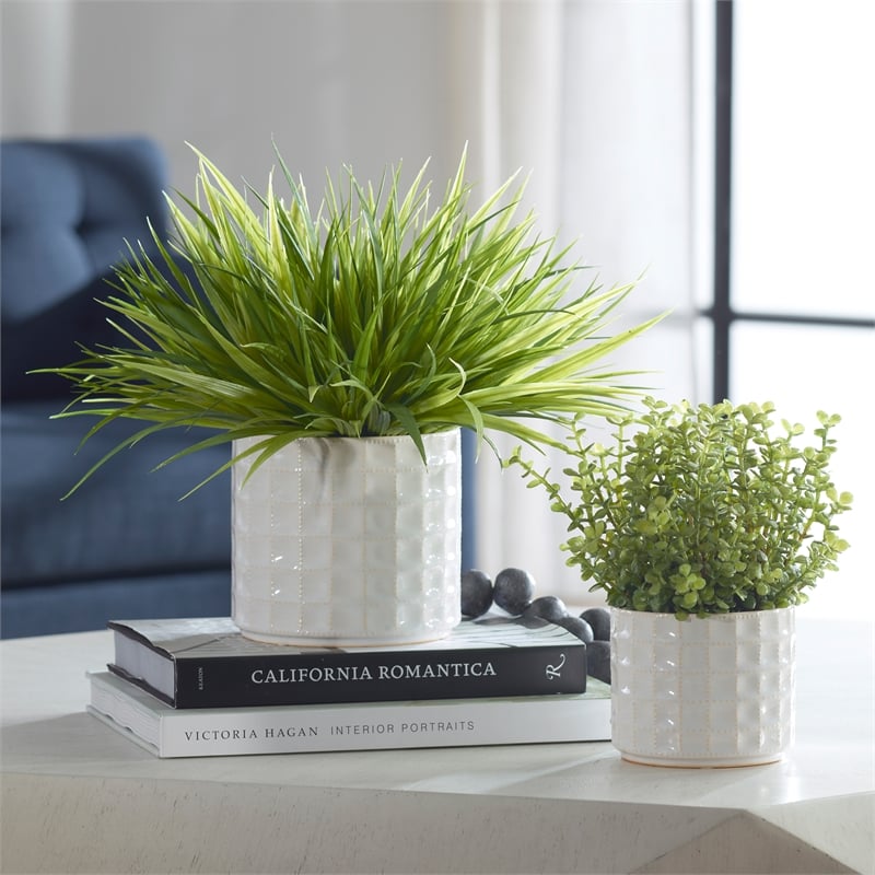Uttermost Edgewood Coastal Ceramic/Plastic Flower Pot in White/Green (Set of 2)