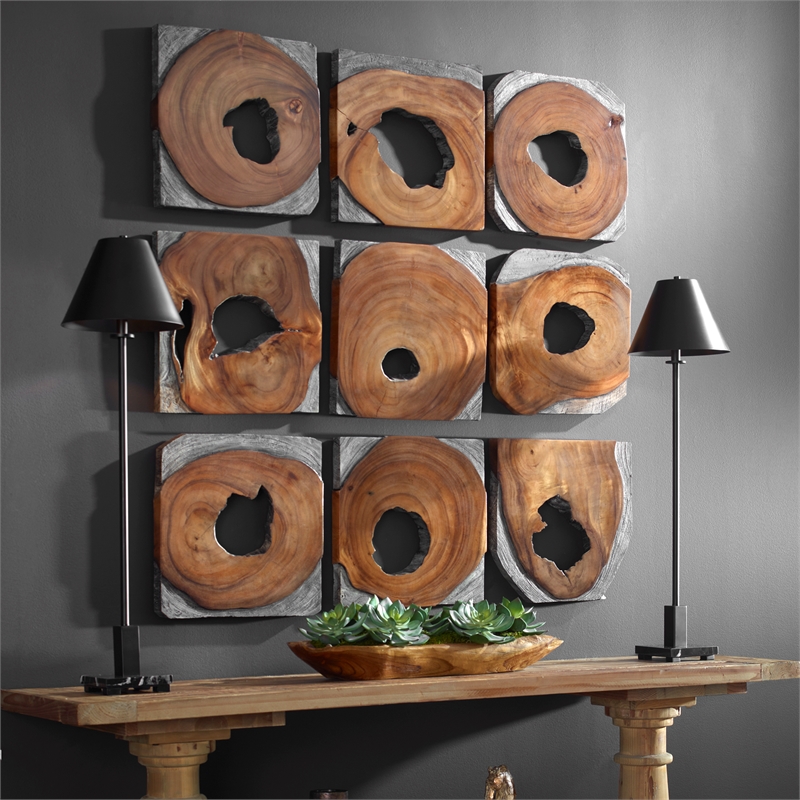 Uttermost Jungle Wood Paneled Wall Art in Coffee (Set of 9)