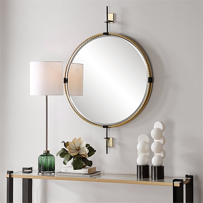 Uttermost Guardrail Round Mirror in Antique Brass