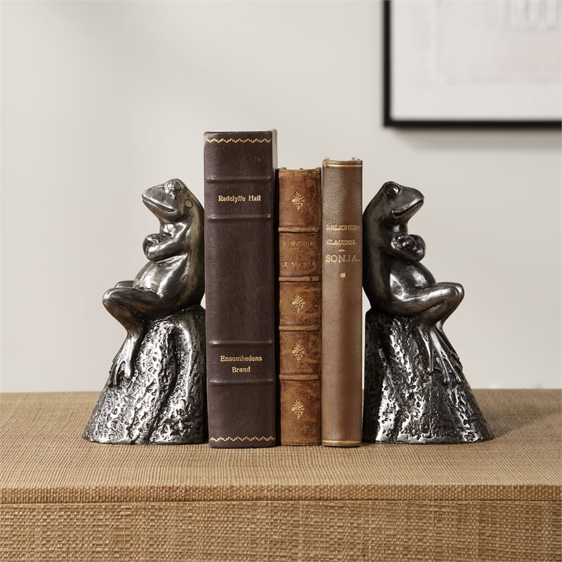 Uttermost Daydreaming Frogs Aged Silver Bookends Set of 2