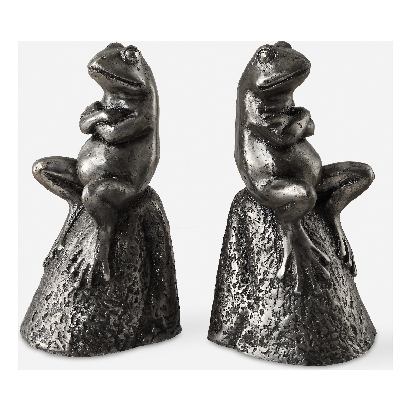 Uttermost Daydreaming Frogs Aged Silver Bookends Set of 2