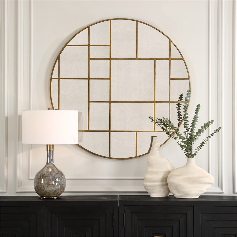 Uttermost Geometric Round Mirror in in Gold
