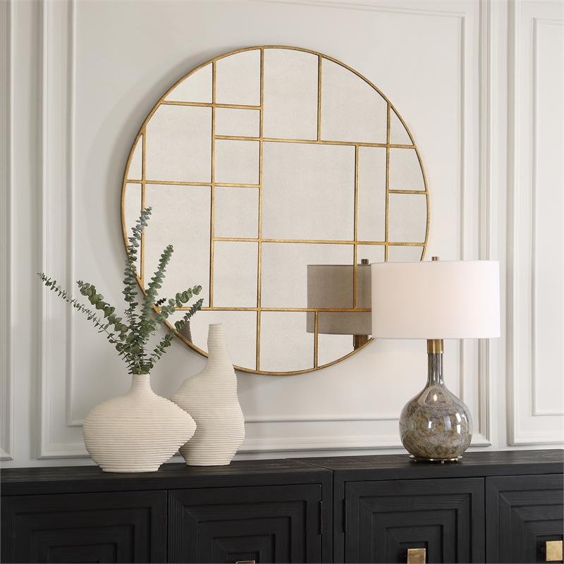 Uttermost Geometric Round Mirror in in Gold