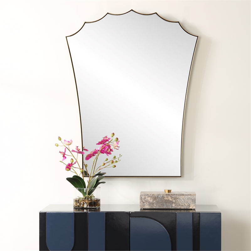 Uttermost Monarch Scalloped Arched Vanity Mirror in Antique Brass