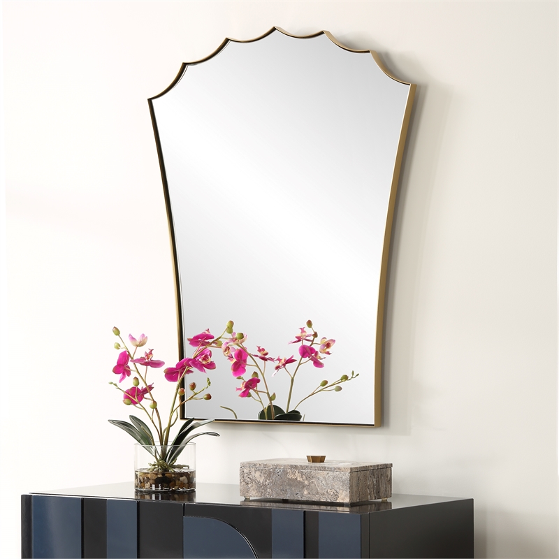 Uttermost Monarch Scalloped Arched Vanity Mirror in Antique Brass